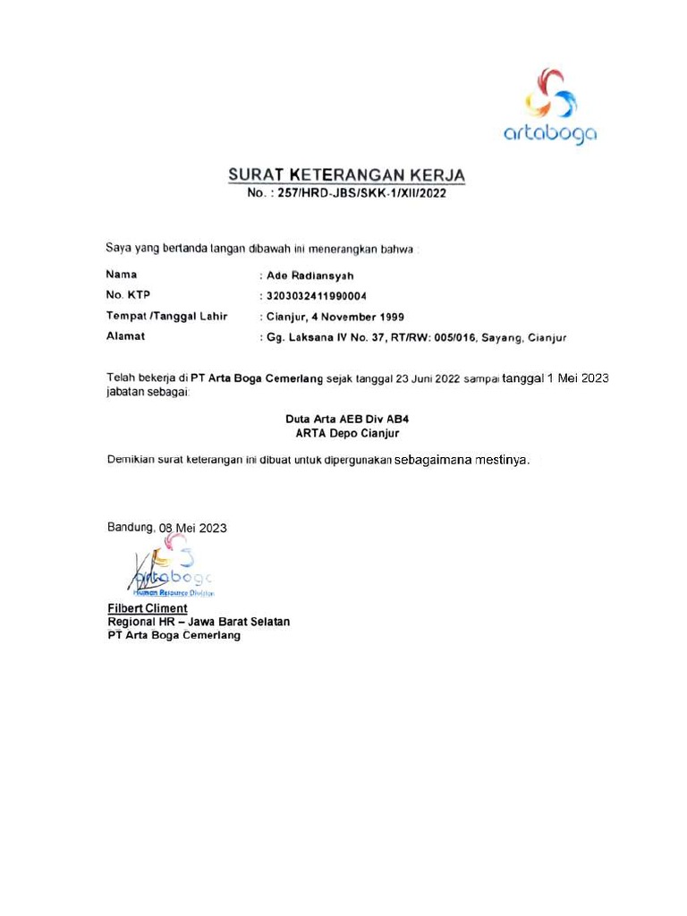Surat Keterangan Kerja | PDF