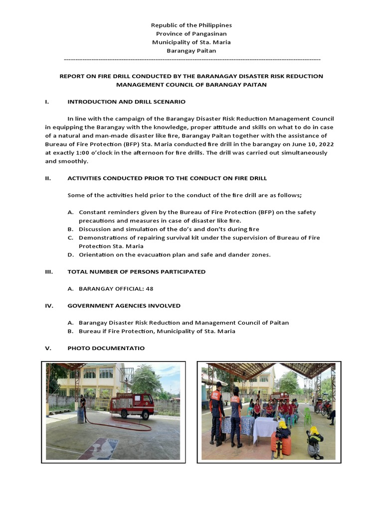Fire Drill Report: Barangay Paitan | PDF
