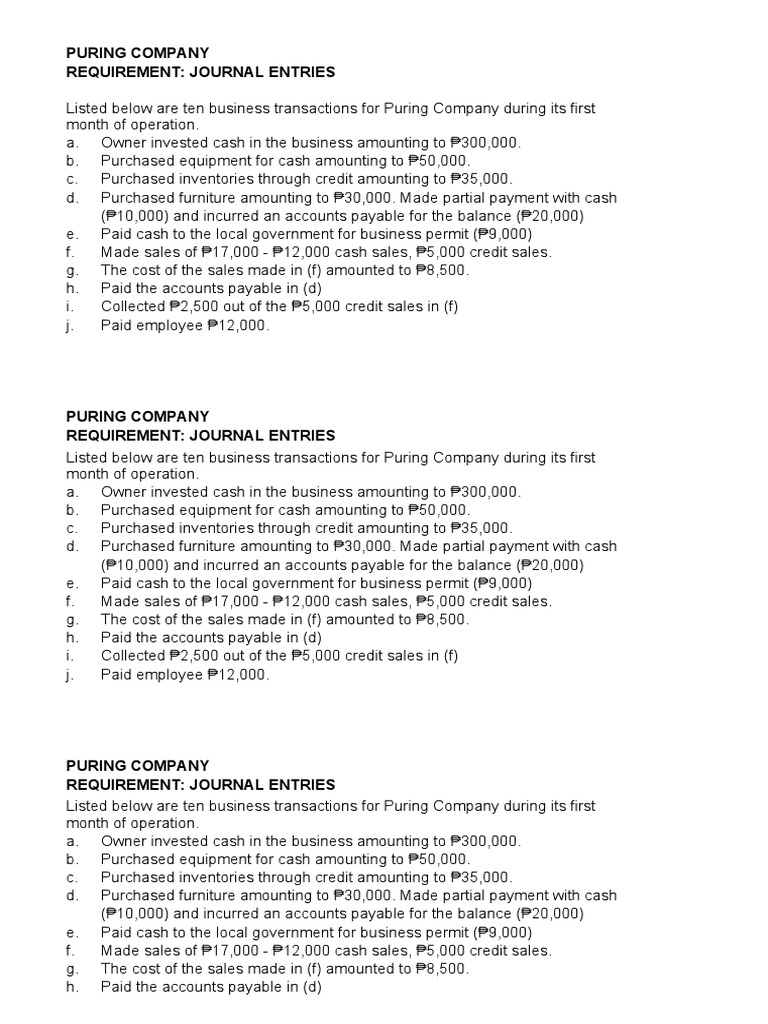 Puring Company First Month Transactions | PDF | Debits And Credits ...