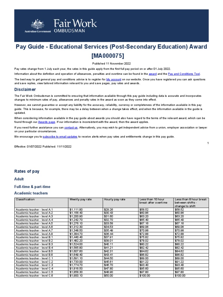 Educational Services Post Secondary Education Award Ma000075 Pay Guide PDF Overtime Shift Work