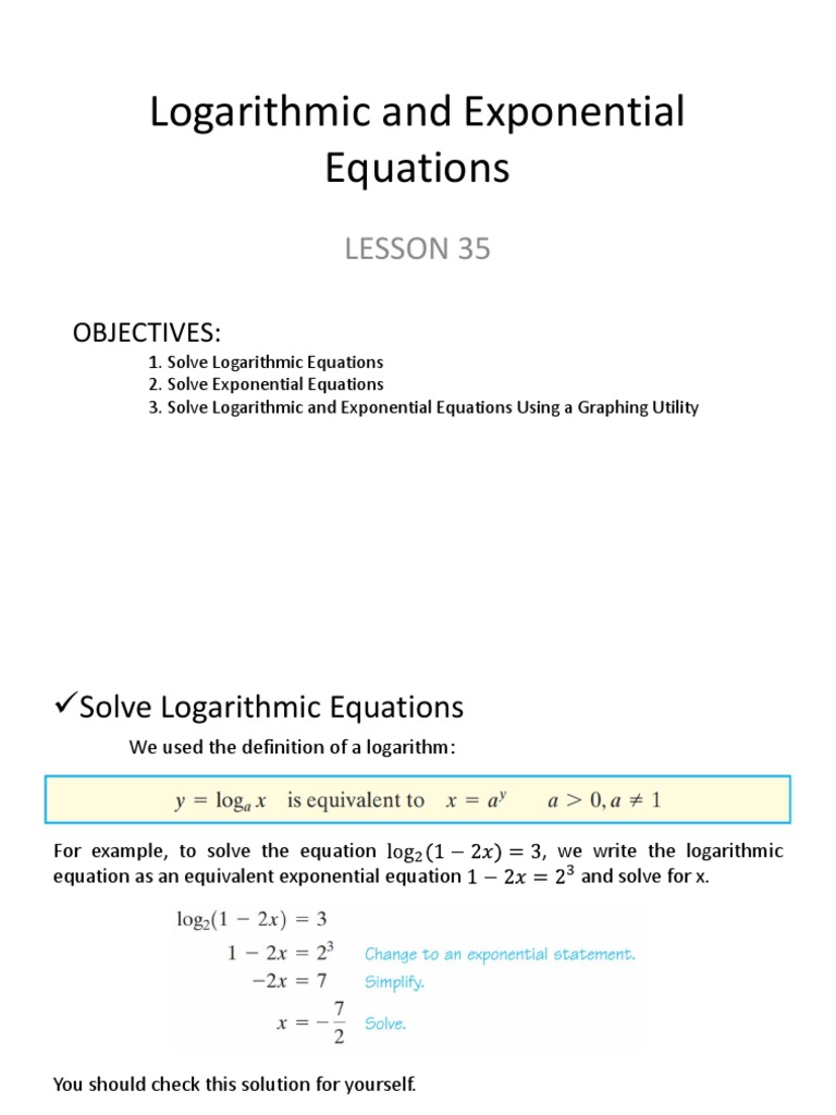 Solve Logarithmic & Exponential Equations | PDF