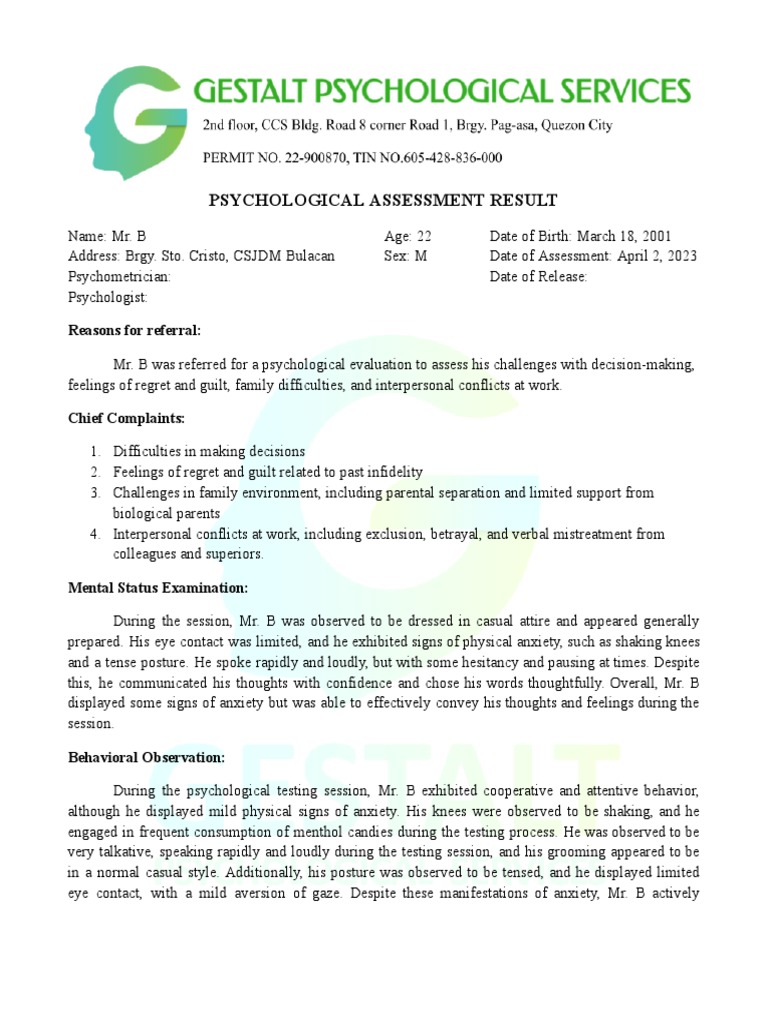 Psychological Assessment of Mr. B | PDF | Psychotherapy | Major ...