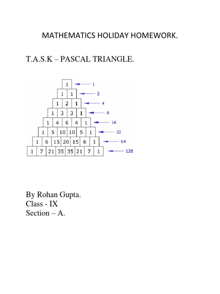 Mathematics Holiday Homework T A S K Pascal Triangle Pdf Series