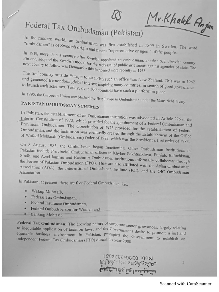 Who Was The First Federal Ombudsman Of Pakistan