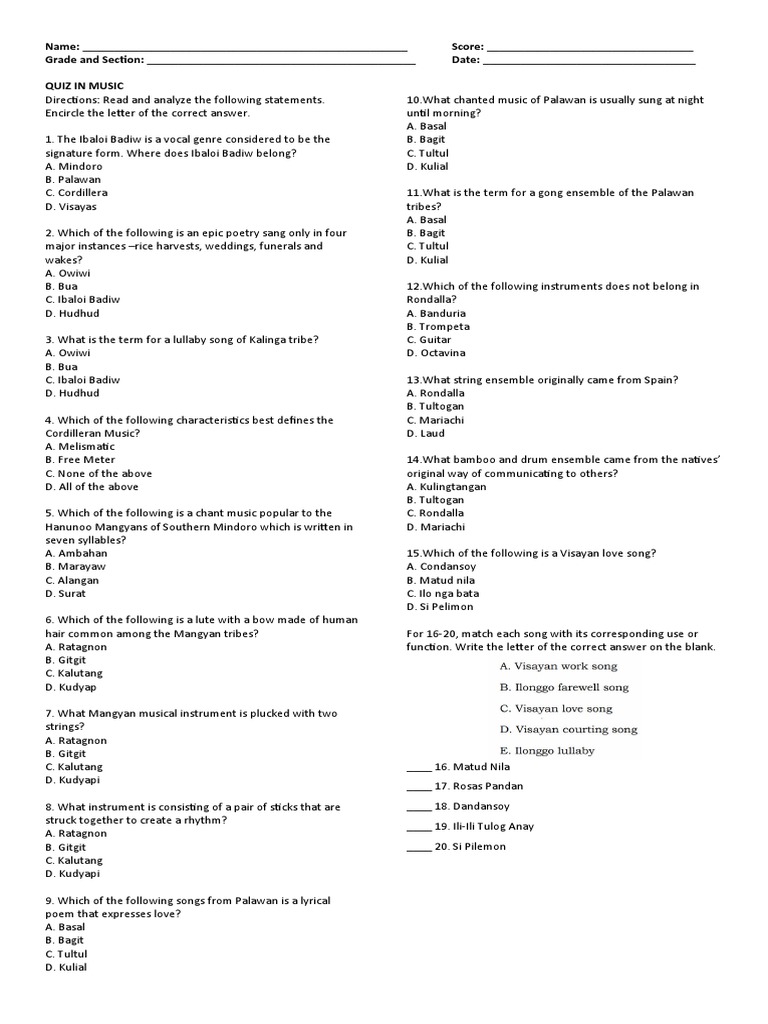 Music Quiz Grade 7 PDF Performing Arts Musical Instruments