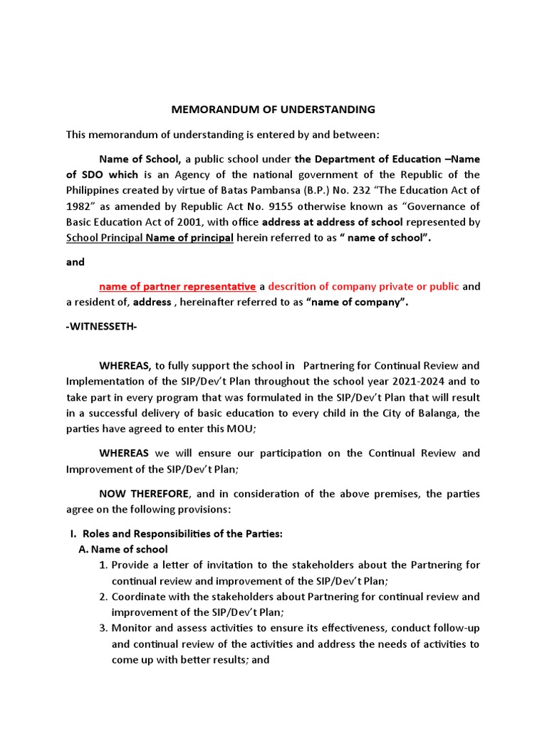 MOU for School Stakeholder Partnership | PDF | Government | Justice
