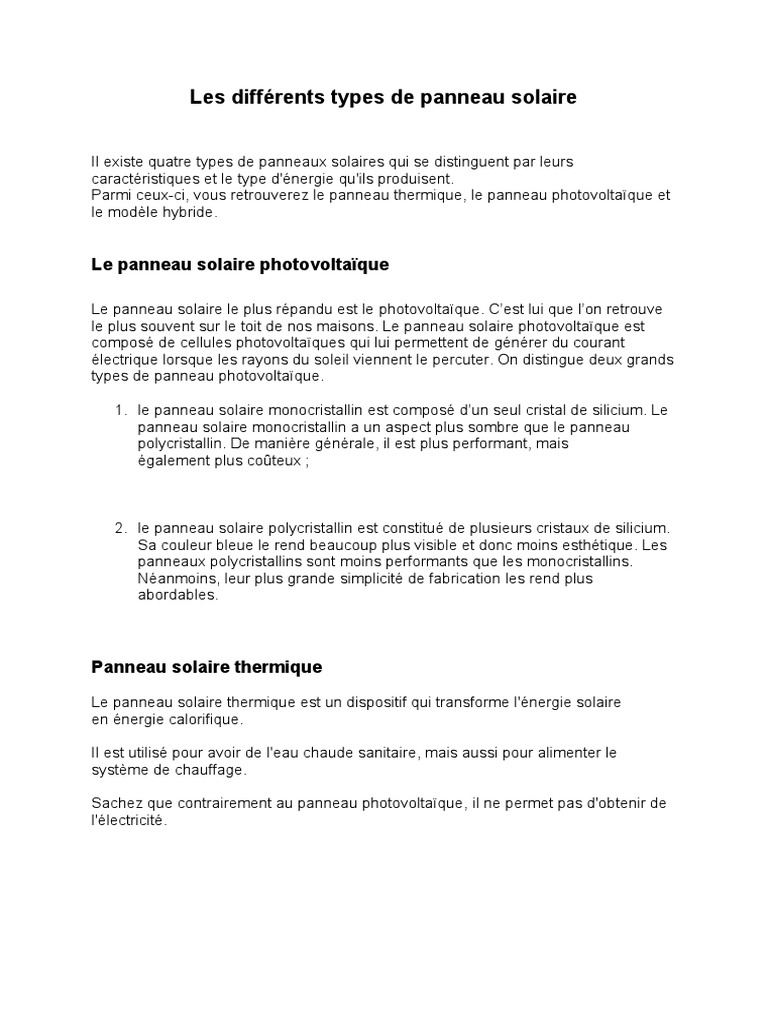 Les Différents Types De Panneaux Solaires Et Leurs Caractéristiques Les Différents Types de Panneau Solaire | PDF | Énergie solaire  photovoltaïque | Cellule photovoltaïque