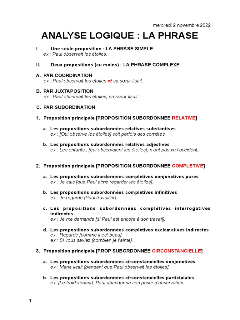 Analyse Logique de La Phrase (Phrase Simple Et Phrase Complexe) | PDF ...