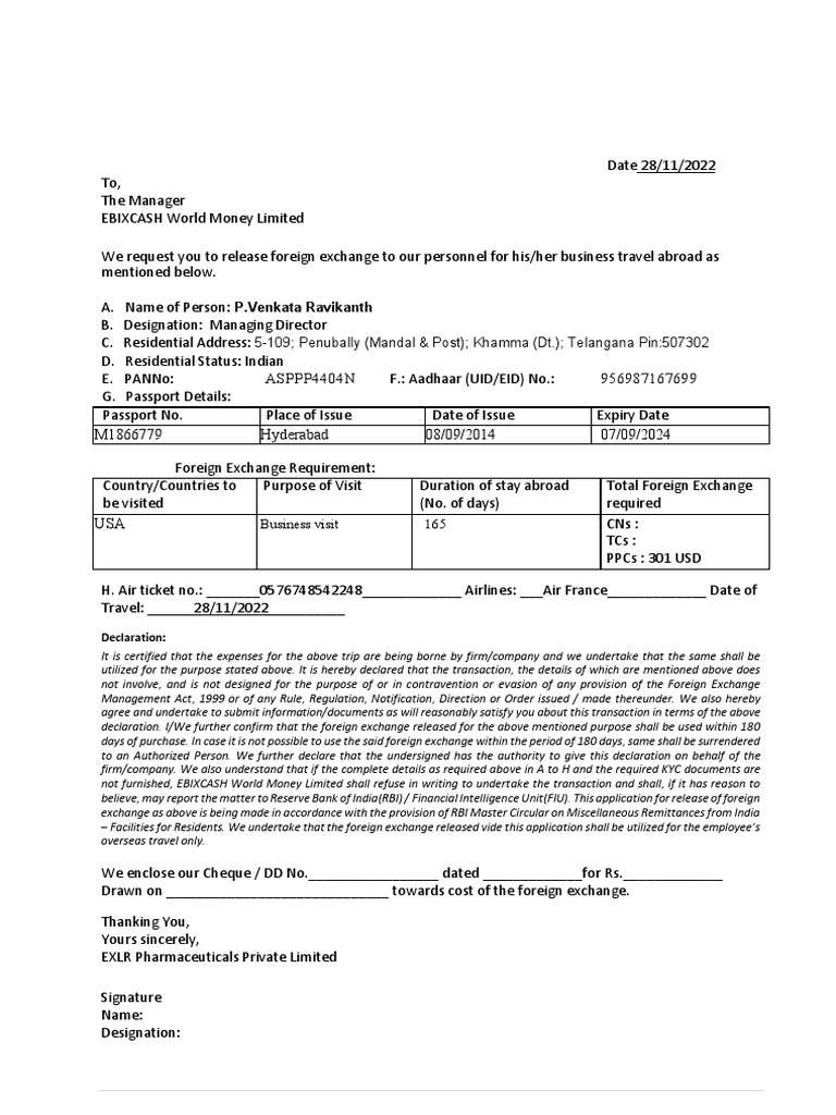 Foreign Exchange Request for Business Travel | PDF | Reserve Bank Of ...