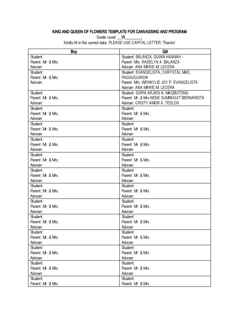 KING AND QUEEN OF FLOWERS Template For Canvassing PDF