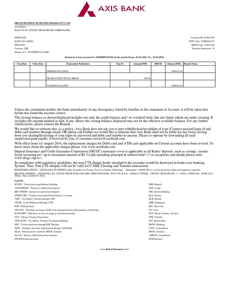 Axis Bank Account Statement Q1 2023 | PDF | Banks | Debit Card