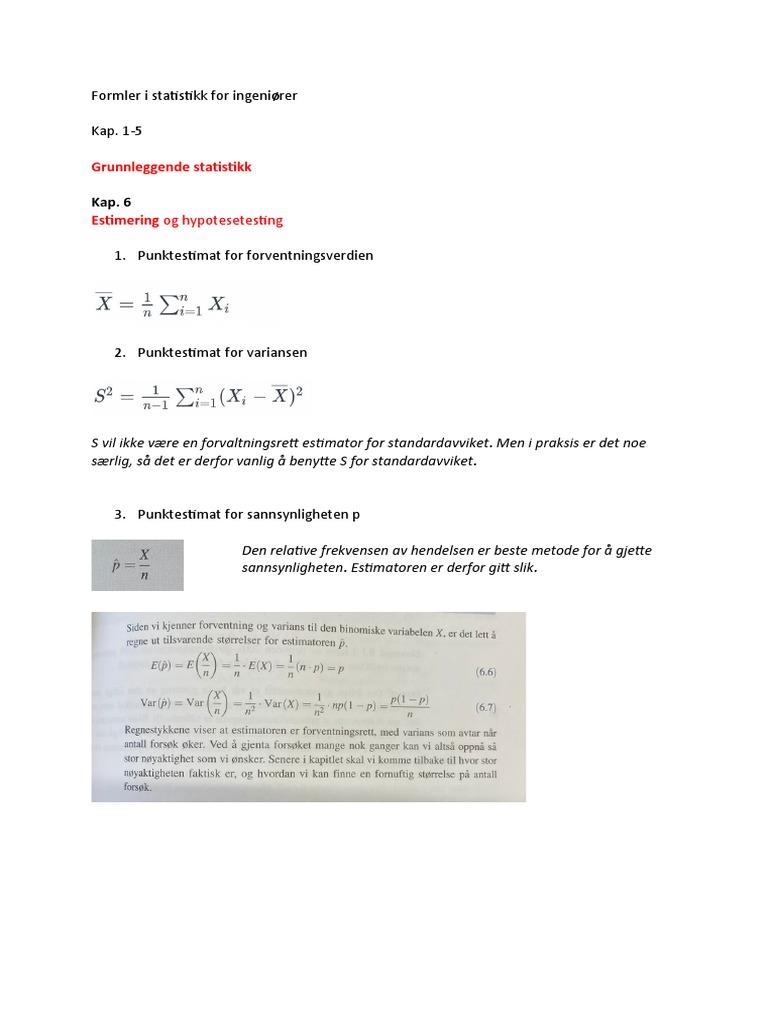 Formler I Statistikk For Ingeniører | PDF