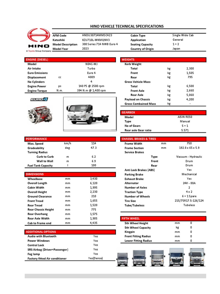Specs Hino300 714 NWB Euro4 2023 | PDF | Truck | Axle