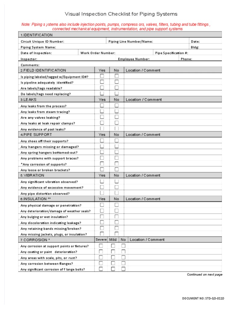 STD-QD-011D Visual Inspection Checklist Piping | PDF | Leak | Pipe ...