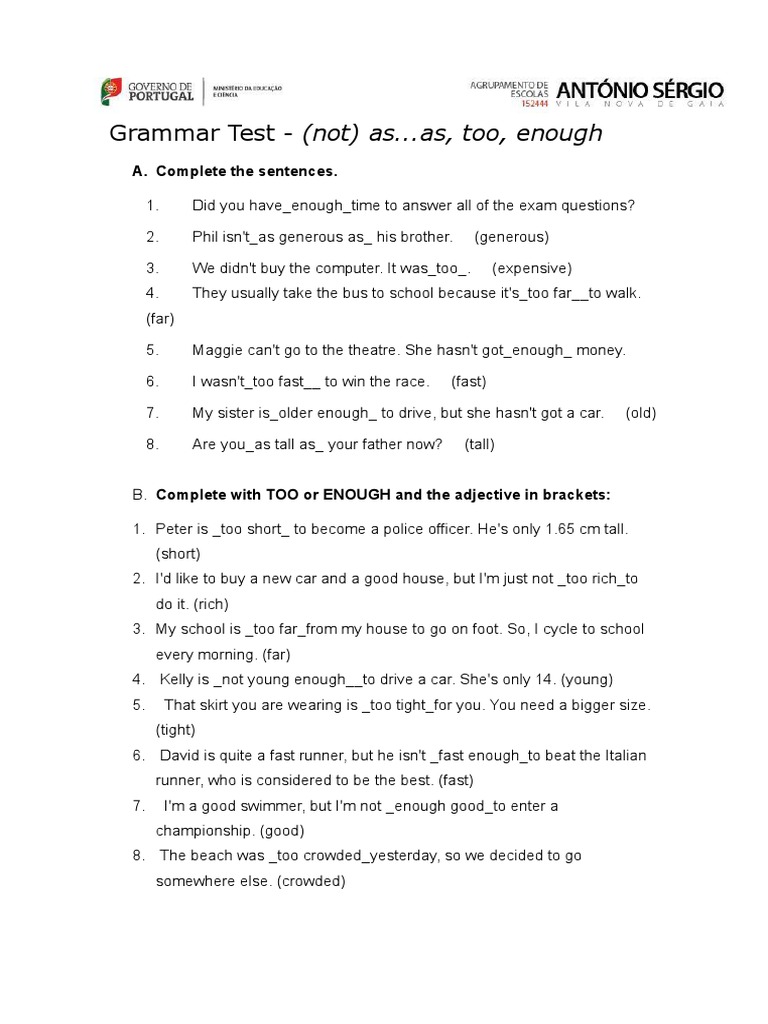 Grammar Test 1 (Too, Enough, As... As) | PDF