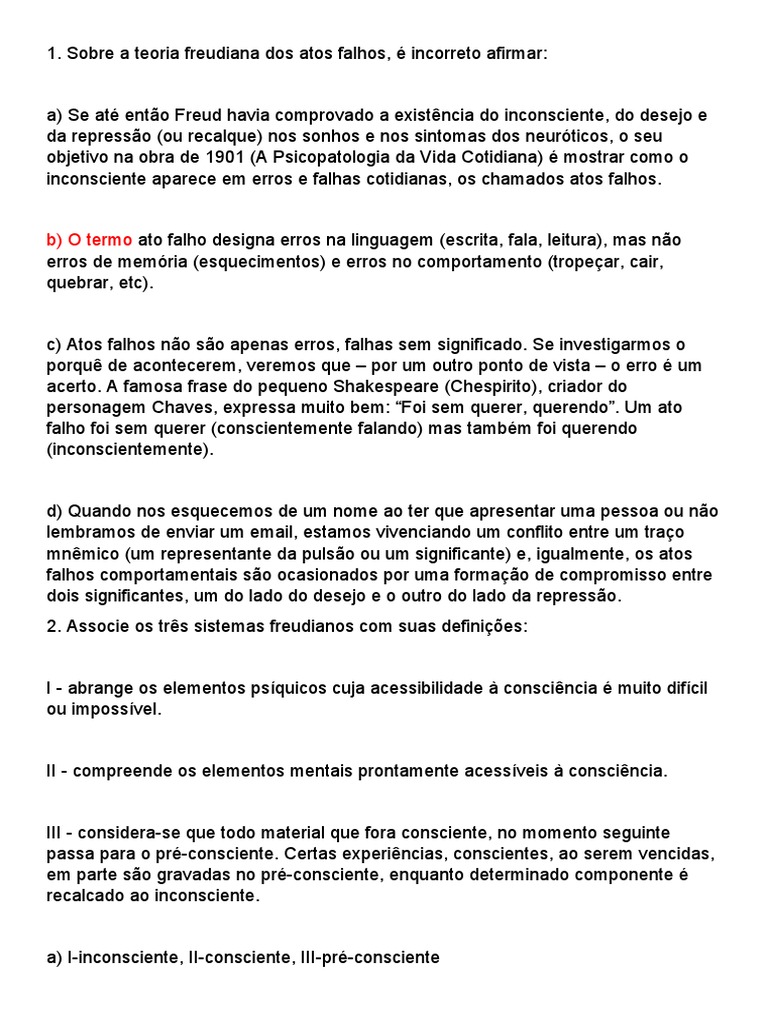 prova 03 de psicanalise | PDF | Mente inconsciente | Psicanálise