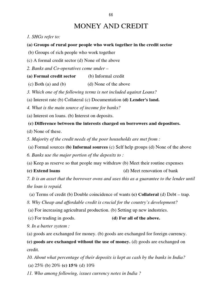 MONEY AND CREDIT Imp Questions PDF Loans Finance & Money Management
