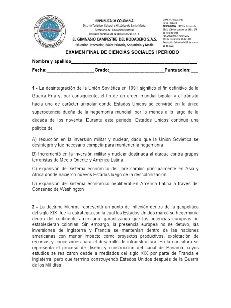 Examen Final de Ciencias Sociales I Periodo 10° | PDF | Genocidio de ...