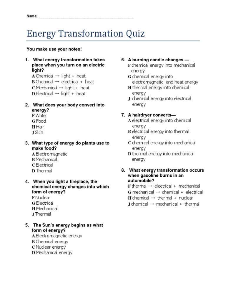 Energy Transformation Quiz PDF Power Station Electrical Engineering