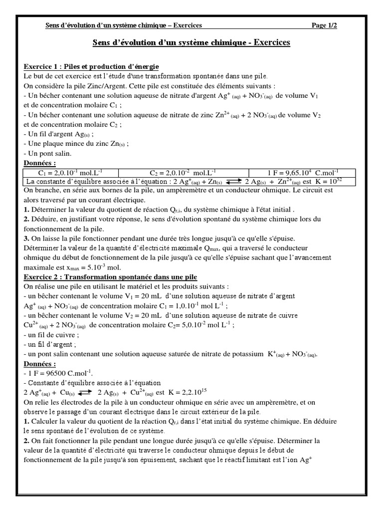 Exercices sur les Piles Électrochimiques | PDF | Équilibre chimique ...