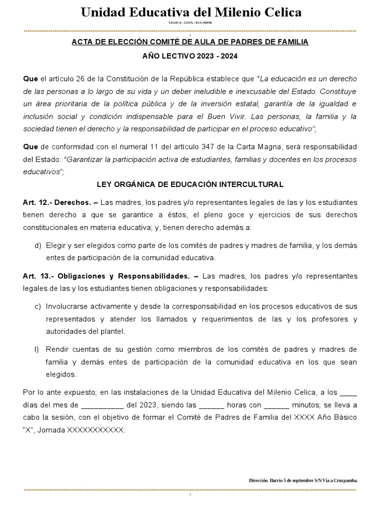 Acta De Elección Comité Aula De Padres De Familia Pdf Gobernancia