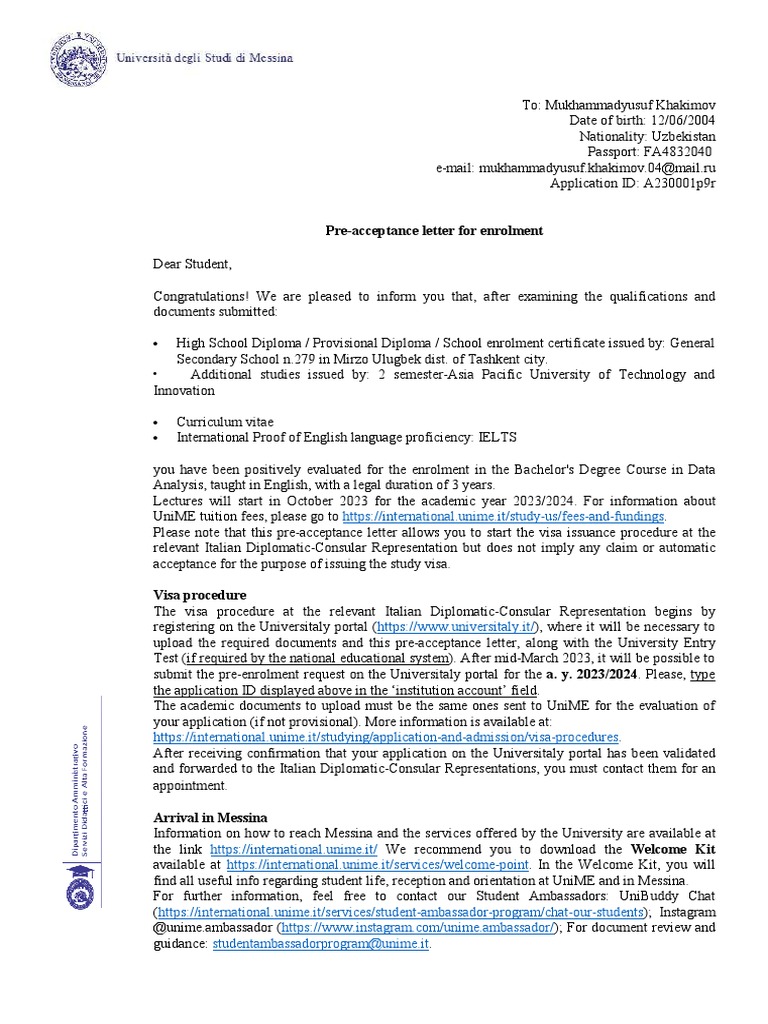 pre-acceptance-letter-for-unime-enrolment-pdf-travel-visa-diploma