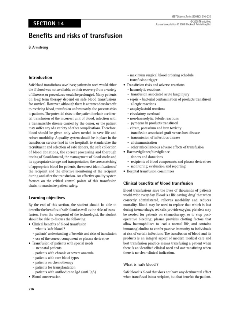 ISBT Science Series 2008 Armstrong Benefits and Risks of