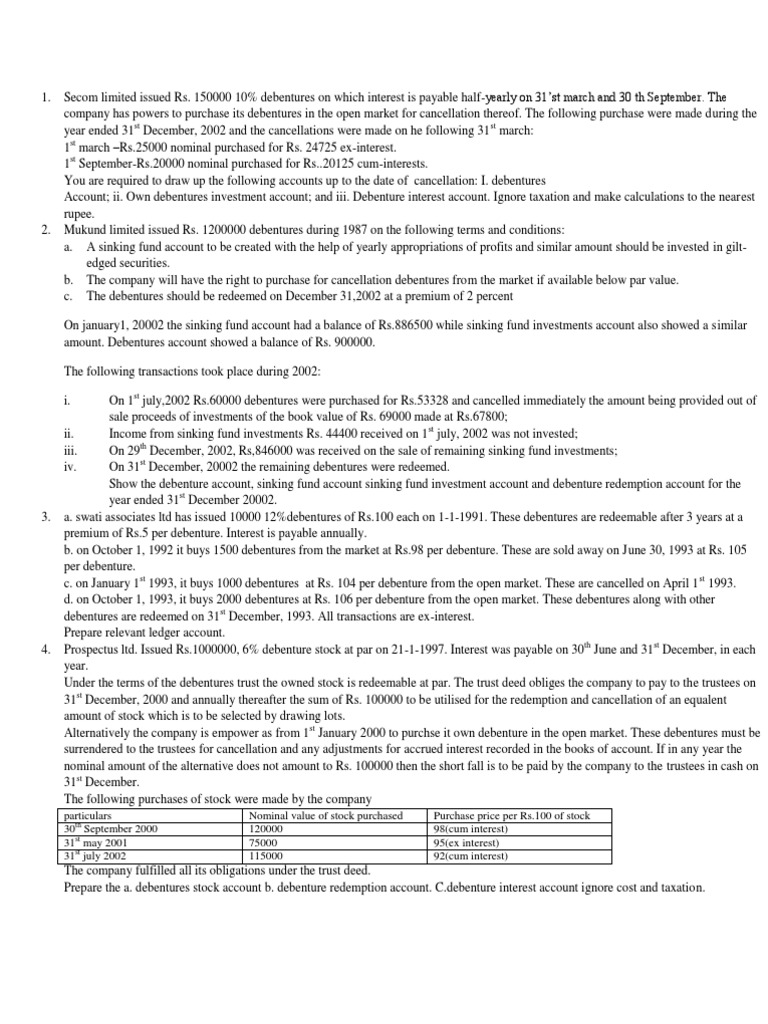 Redemption Of Debentures Sinking Fund Par Value