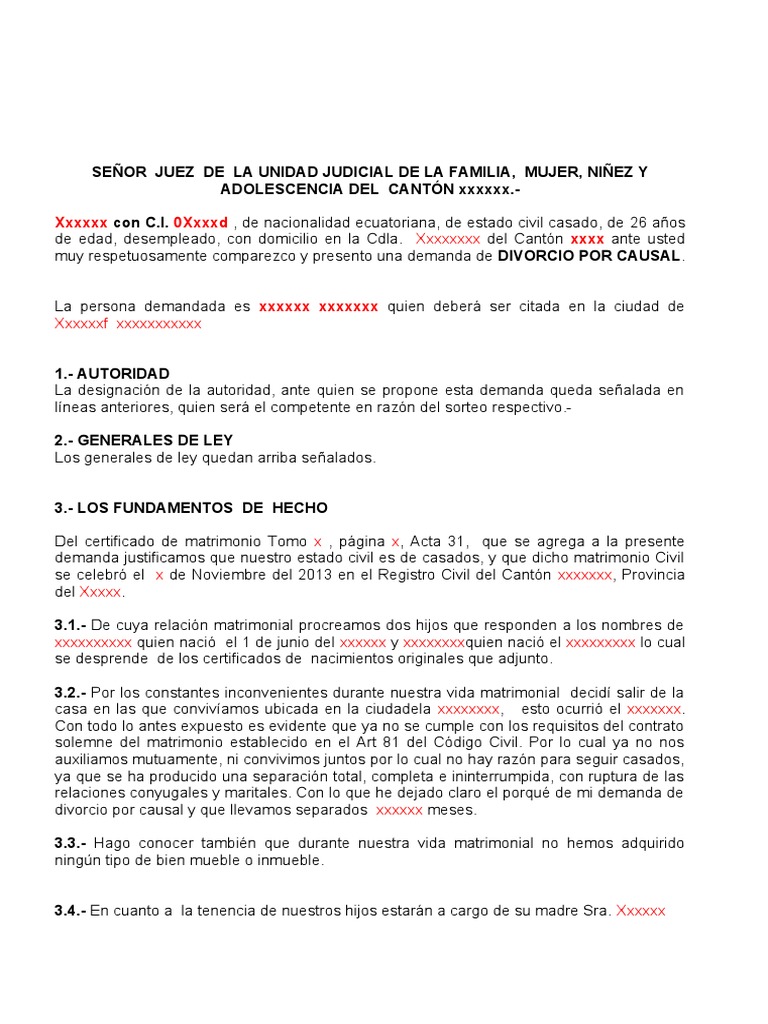 Modelo de Escrito Divorcio Ecuador | PDF | Divorcio | Pensión alimenticia