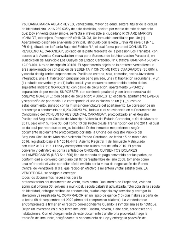 Documento De Venta Apartamento Caranday Pdf Derecho Privado Ley Común