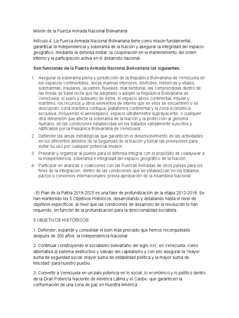 Misión de La Fuerza Armada Nacional Bolivariana | PDF | Venezuela ...