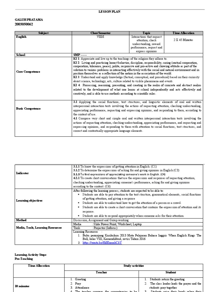 English Lesson Plan: Interaction Skills | PDF | Teachers | Attention