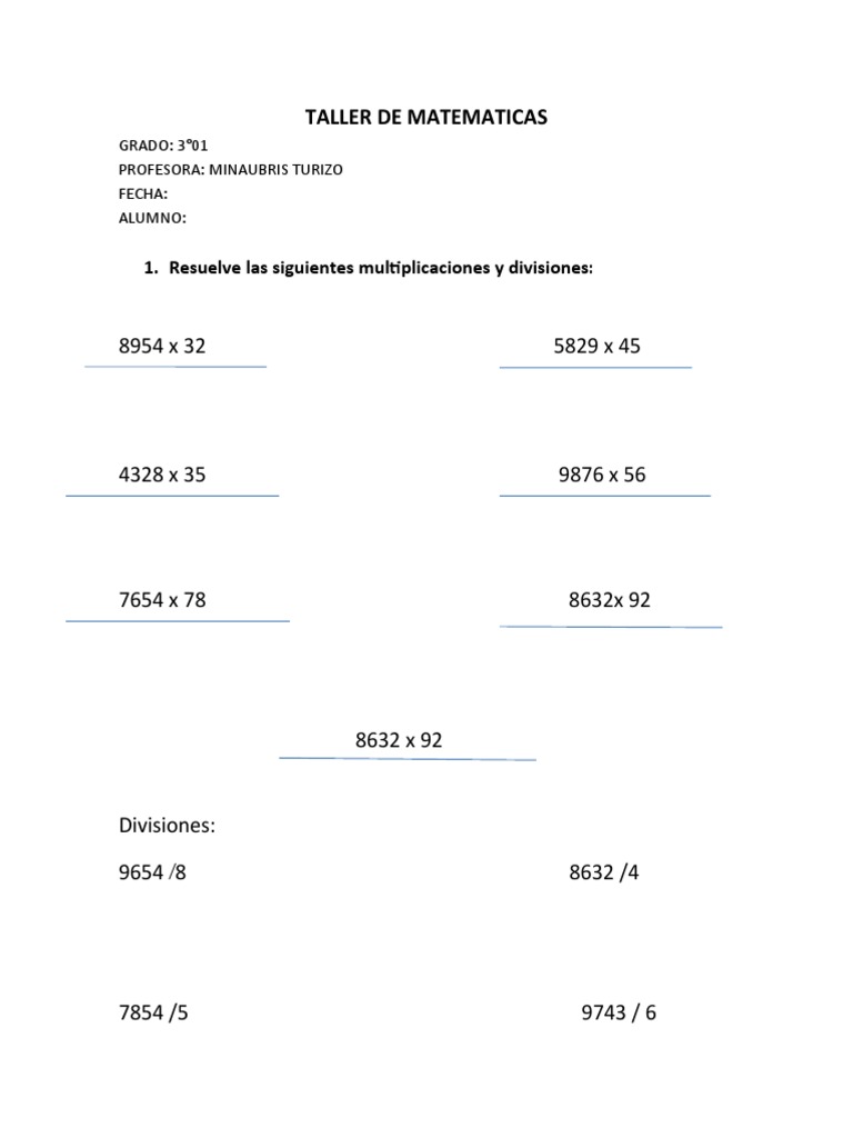 Taller de Matemáticas: División y Problemas | PDF