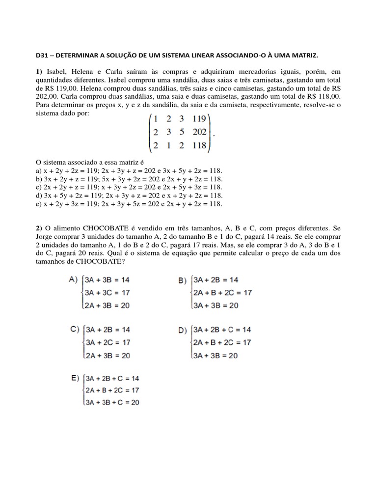 D31 - Determinar A Solução de Um Sistema Linear Associando-O À Uma ...