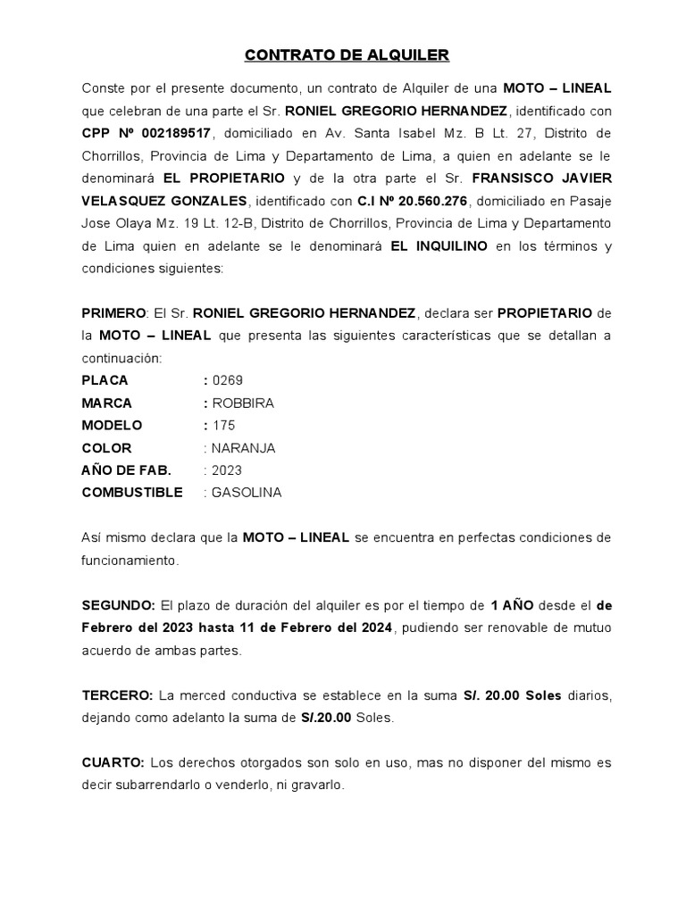 Contrato de Alquiler de Moto Robbira | PDF | Finanzas y dinero