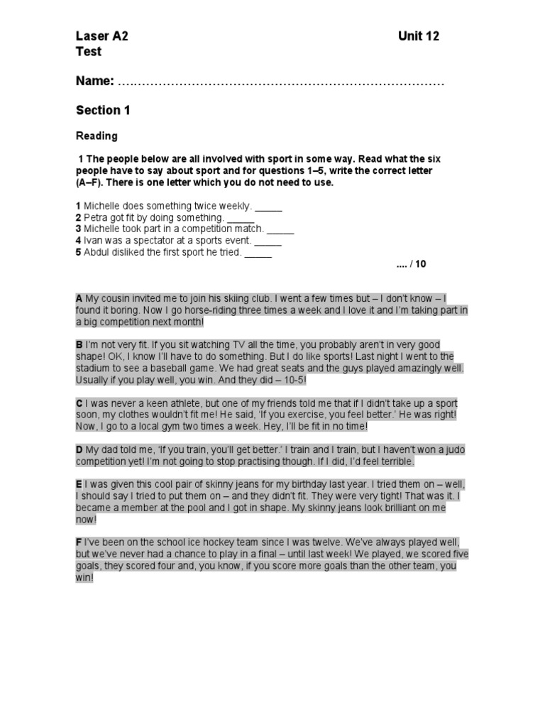 Unit 12 Test A2 | PDF | Entertainment | Sports