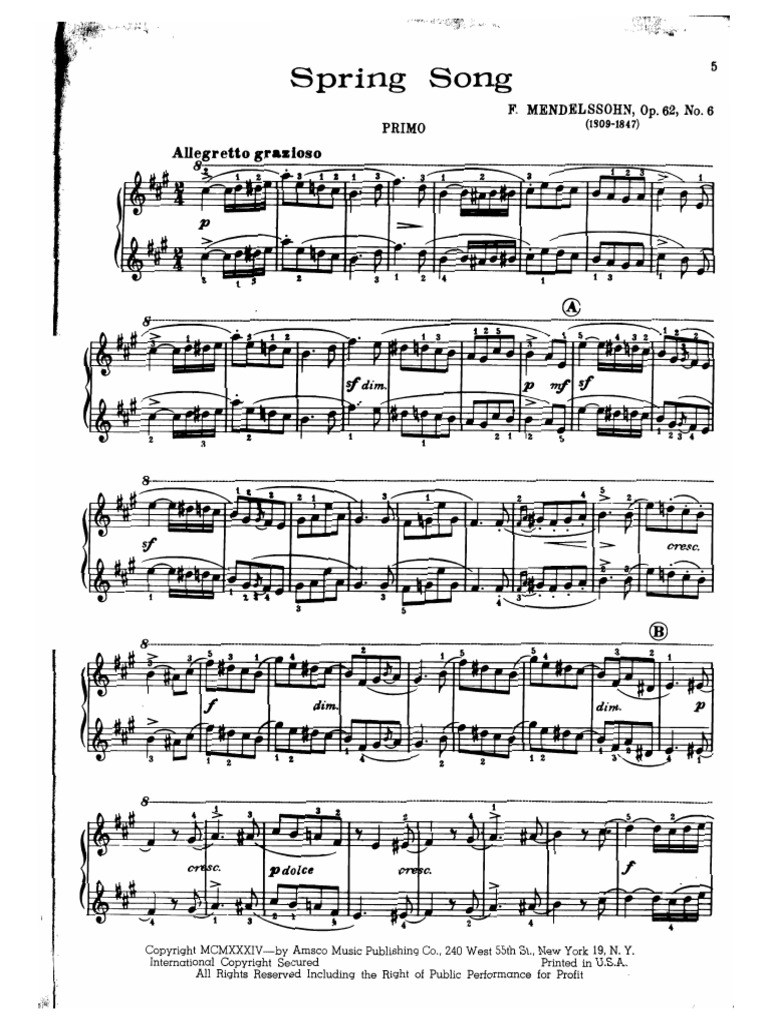 Piano Duet - Spring Song by Medelssohn | PDF