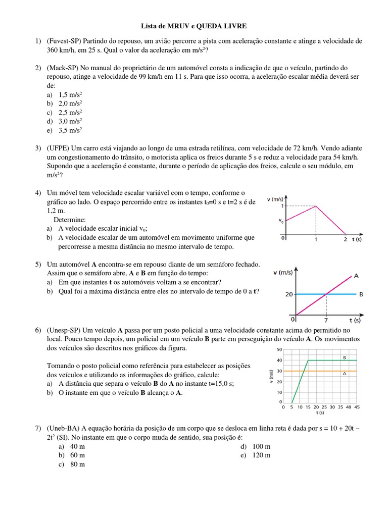 Exercícios de MRUV e Queda Livre | PDF | Velocidade | Espaço-tempo