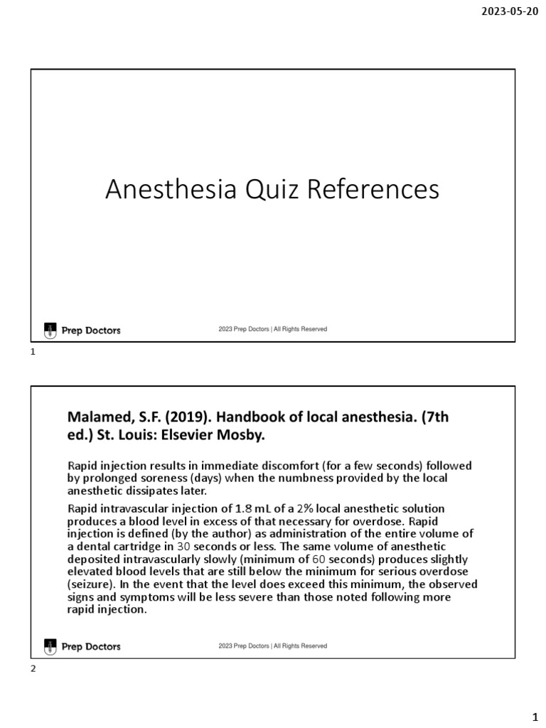 Anesthesia Quiz With References PDF Anesthesia Paresthesia