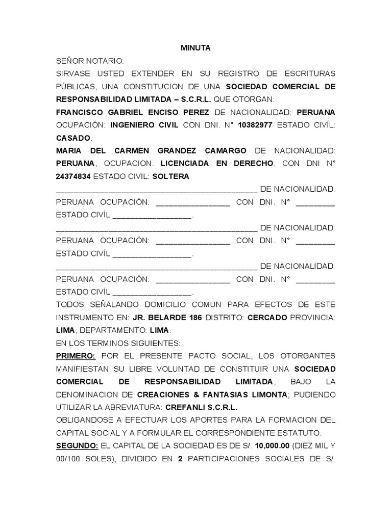 Modelo de Minuta | PDF | Sociedad de responsabilidad limitada | Justicia