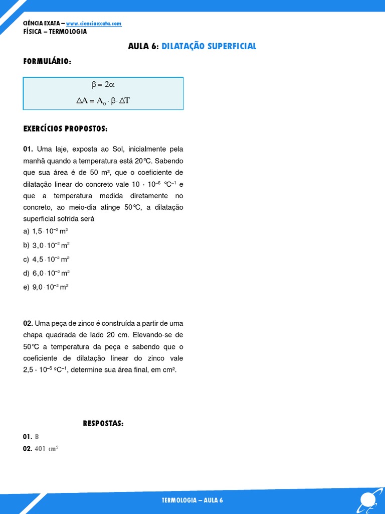 Dilatação Superficial: Fórmulas e Exercícios | PDF