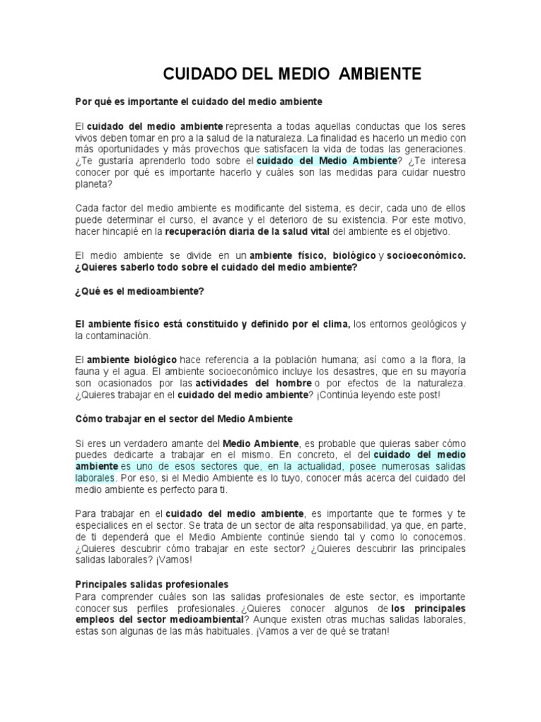 Importancia y acciones para cuidar el medio ambiente | PDF | Entorno ...