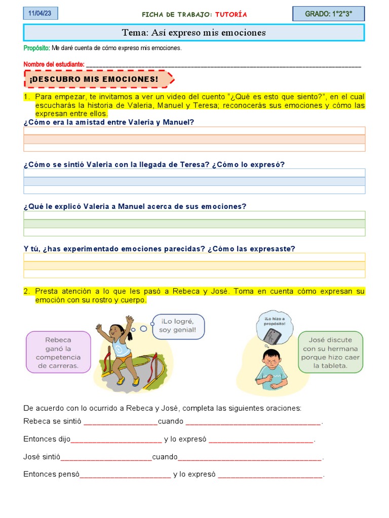 Ficha de Trabajo: Expresando Emociones | PDF | Las emociones