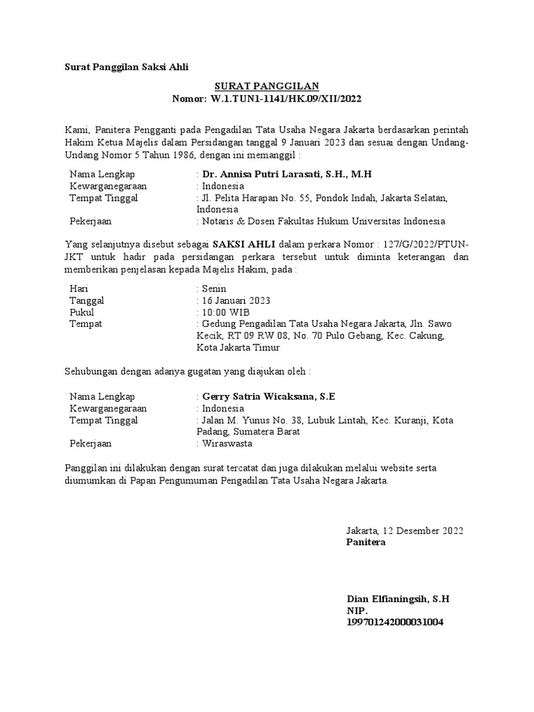Surat Panggilan Saksi Ahli PTUN Jakarta | PDF