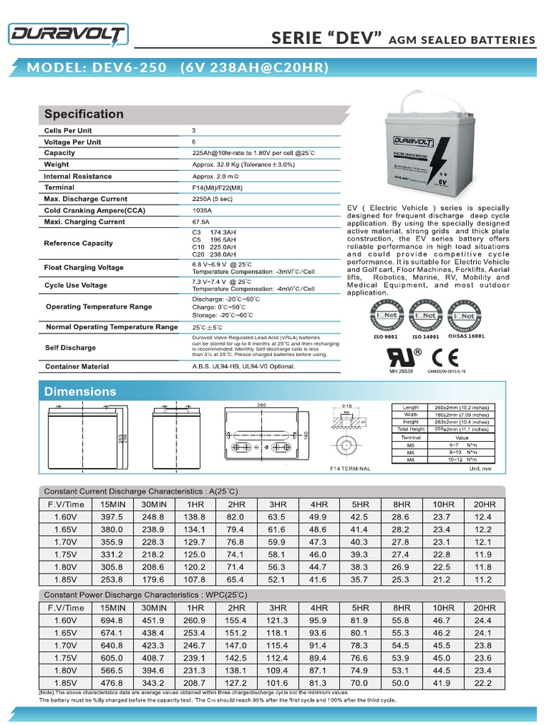 DEV6-250 AGM Sealed Battery Specs | PDF
