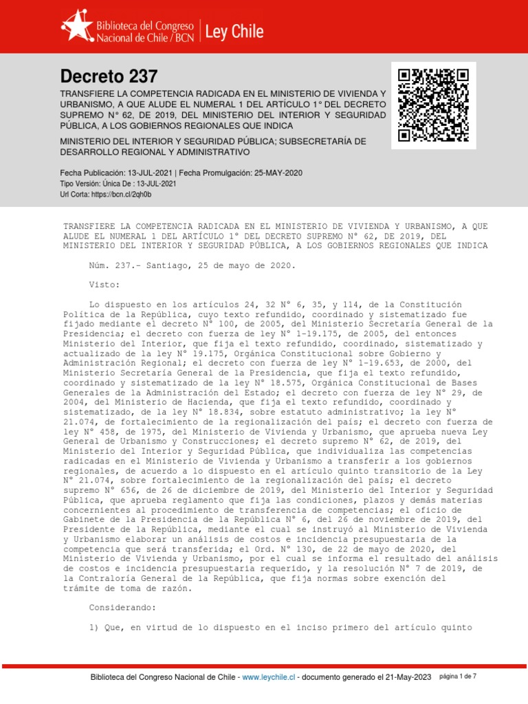 Decreto 237 - 13 JUL 2021 | PDF | Chile | Ministerio (Departamento de ...