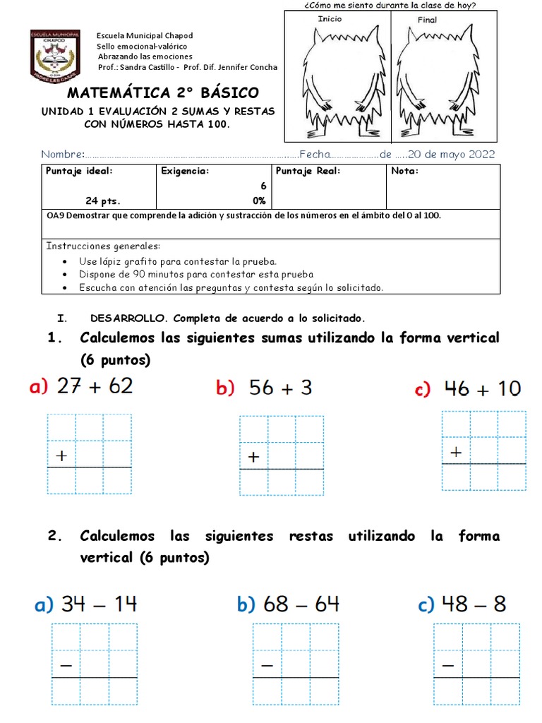 Evaluación de Sumas y Restas 2° Básico | PDF