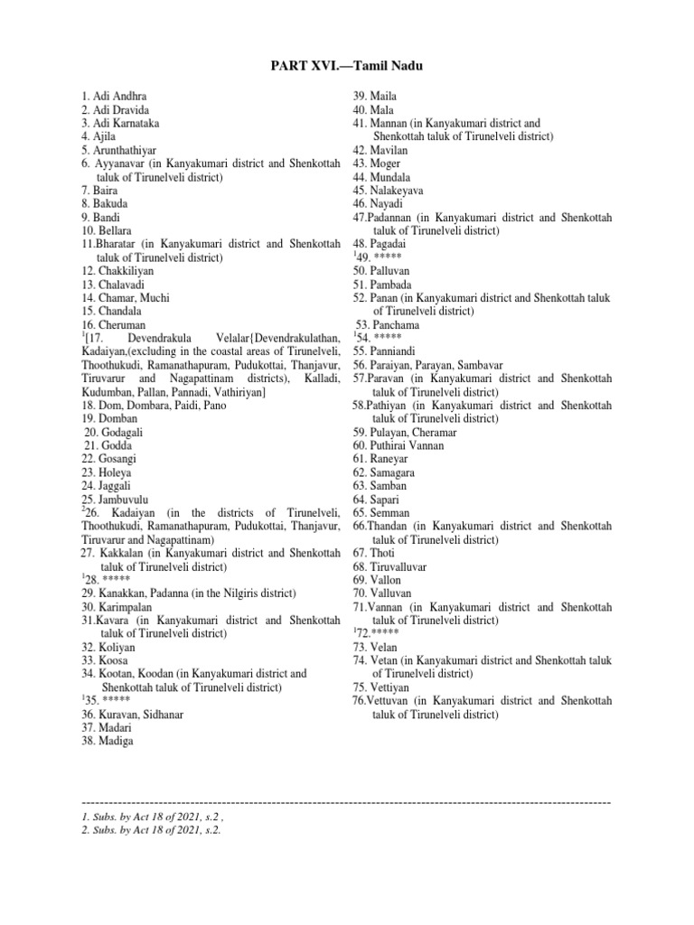 Tamil Nadu Scheduled Caste List | PDF | Social Groups Of India | Tamil Nadu