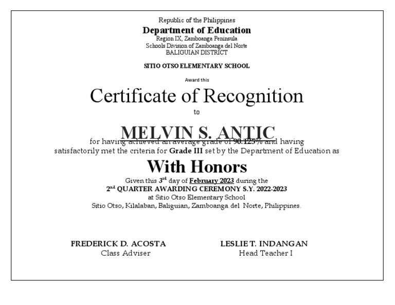 Certificate of Academic Excellence 2022 | PDF