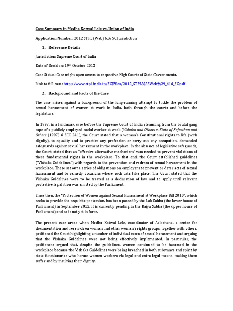 Case Summary Medha Kotwal Lele Vs Union of India October 2012 PDF